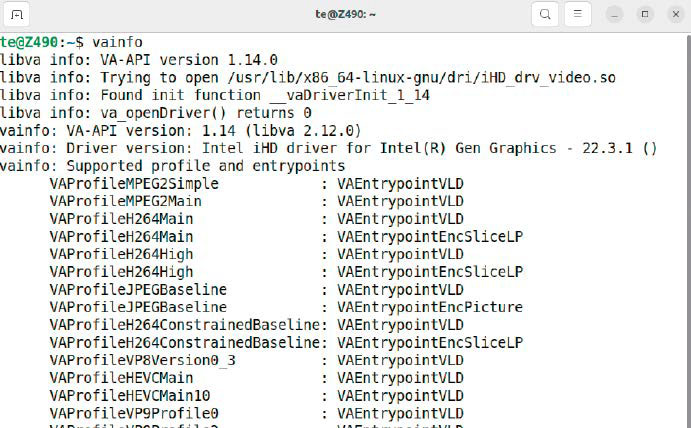 alt: Check VA-API: The vainfo tool lists which codecs for decoding and encoding (“VAEntrypointEncSliceLP”) are supported by the graphics chip in the computer.