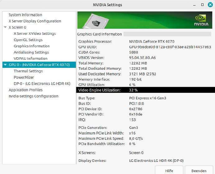 alt: VA-API with Nvidia chip: If the hardware acceleration works in Firefox, Nvidia X Server Settings shows a percentage value behind “Video Engine Utilization”.