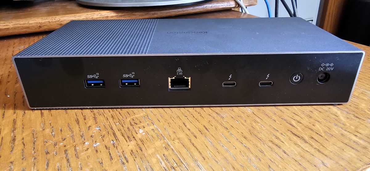 alt: Rear view of the Kensington SD5000T5 EQ Thunderbolt 5 docking station, highlighting the two 10Gbps USB-A ports, 2.5Gbps Ethernet port, two Thunderbolt 5 ports, and the power switch.