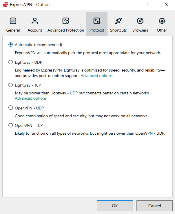 ExpressVPN's Lightway and OpenVPN protocols.