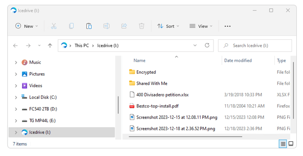 alt text: Screenshot of Icedrive's virtual drive (I:) within Windows Explorer, demonstrating its seamless integration with the operating system.