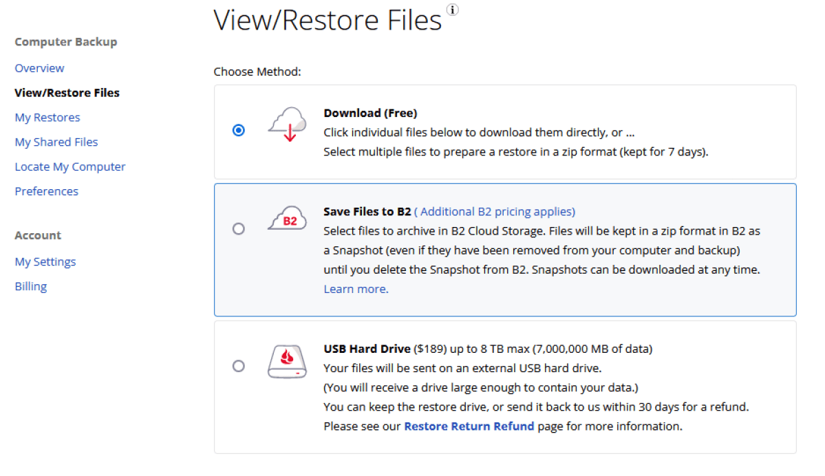 Backblaze restore options