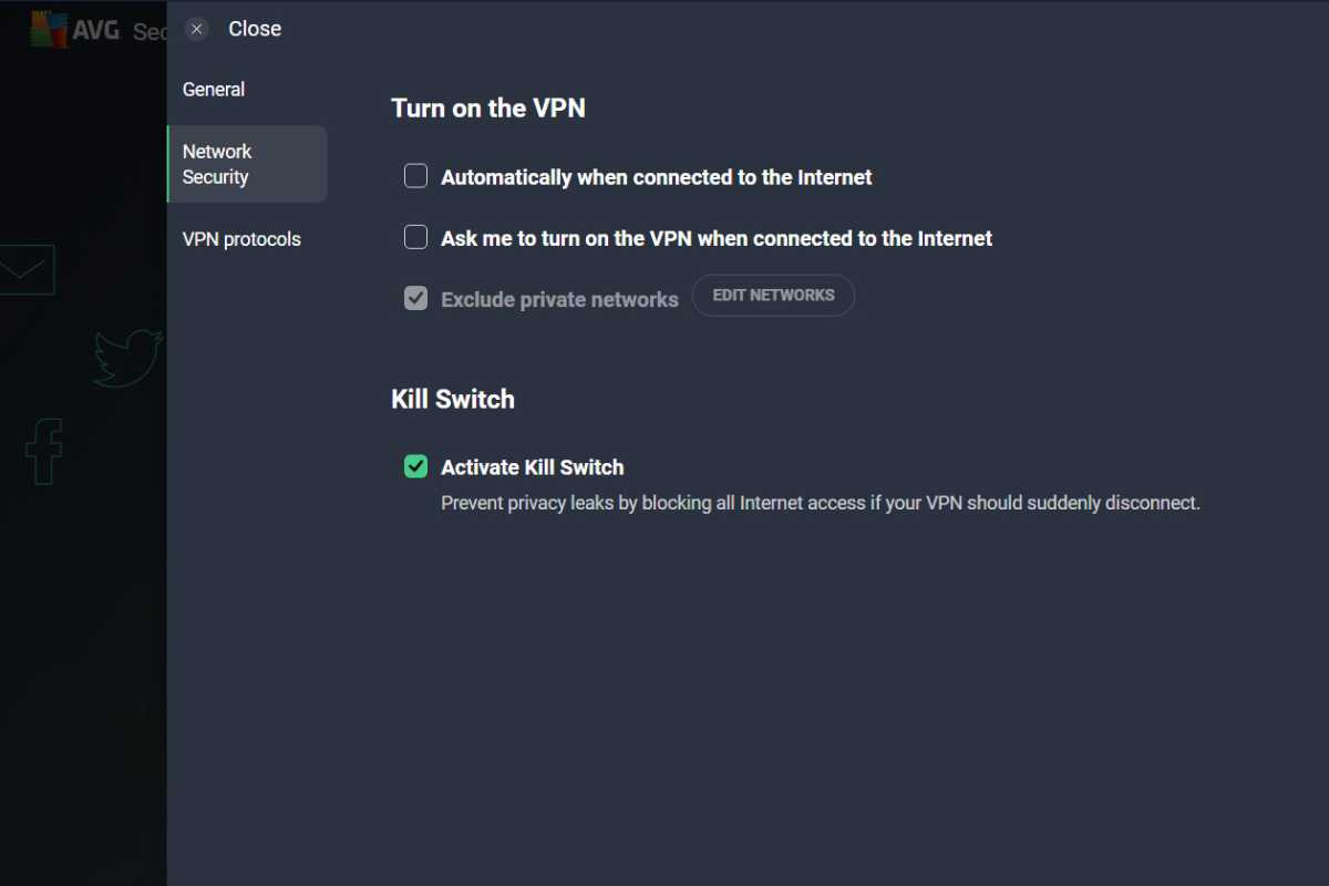 alt text: The settings menu of AVG Secure VPN showcasing limited customization options.