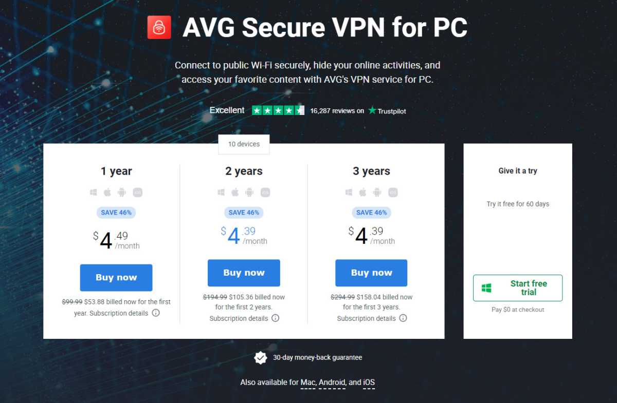 alt text: A screenshot displaying AVG Secure VPN's pricing plans, which focus on long-term subscriptions.