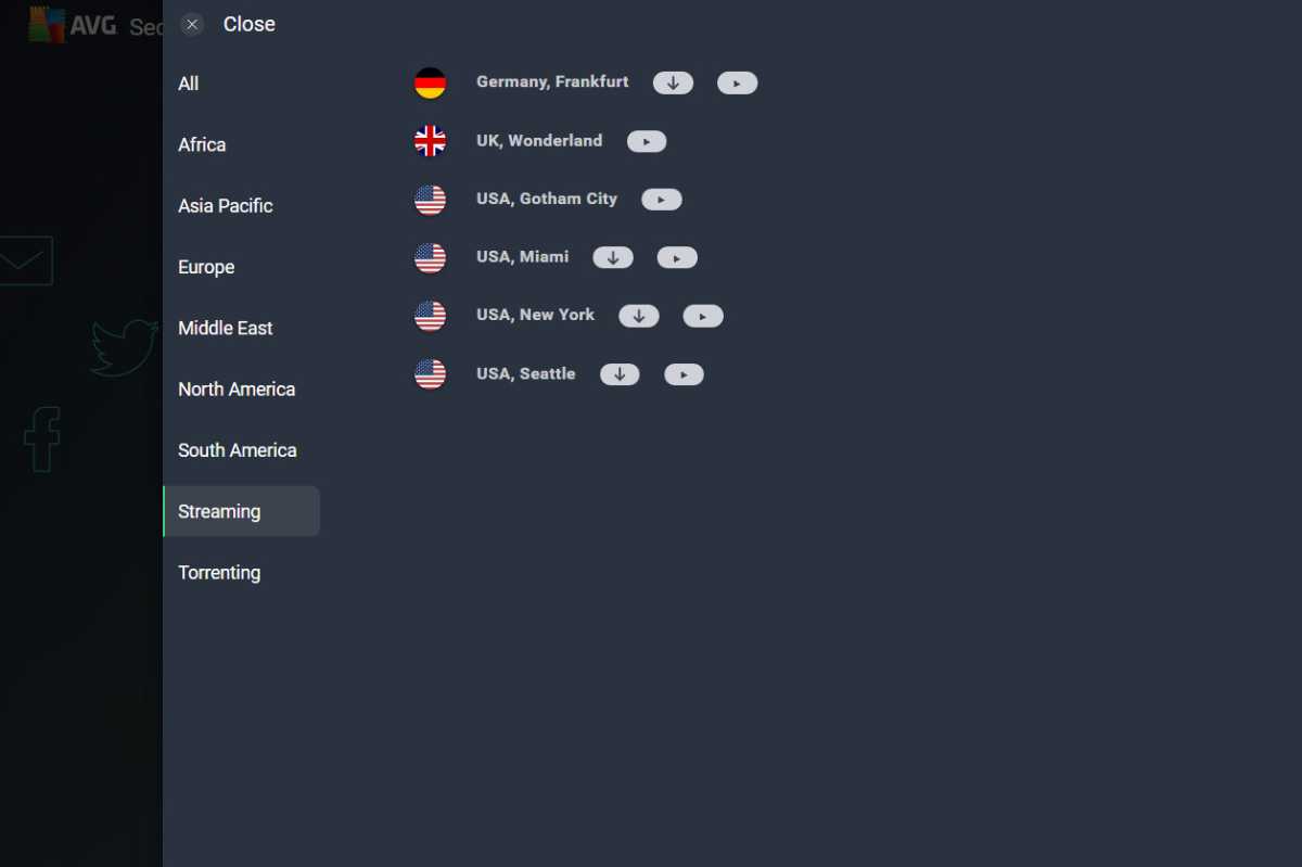 alt text: The server selection screen within AVG Secure VPN highlighting the streaming and P2P optimized server options.