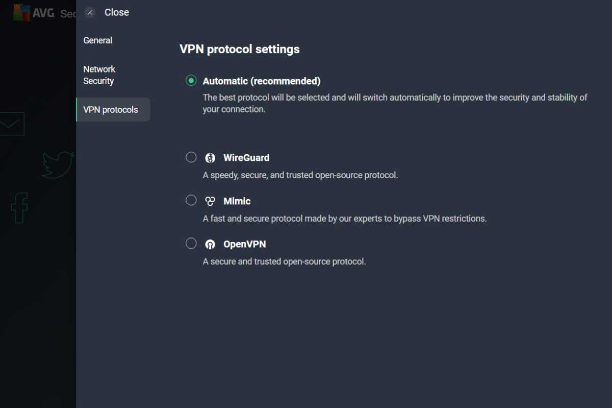 alt text: A view of the protocol options within AVG Secure VPN, including WireGuard, OpenVPN, and Mimic.