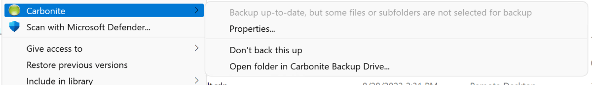 Carbonite context menu