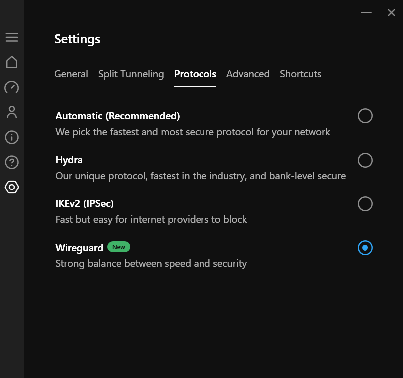 alt: Hotspot Shield's protocol selection options, including WireGuard, IKEv2, and Hydra.