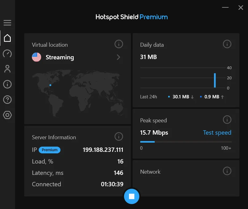 alt: Hotspot Shield's connection information display showing IP address, bandwidth usage, and server details.