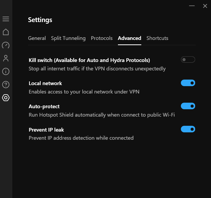 alt: Hotspot Shield's settings menu with options for kill switch, split tunneling, and more.