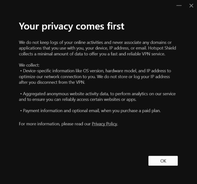 alt: Hotspot Shield's privacy notice displayed upon opening the application.