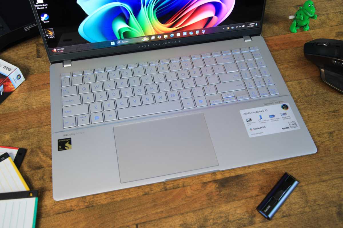 alt text: A close-up view of the Asus Vivobook S 15's keyboard, highlighting the key layout and number pad.