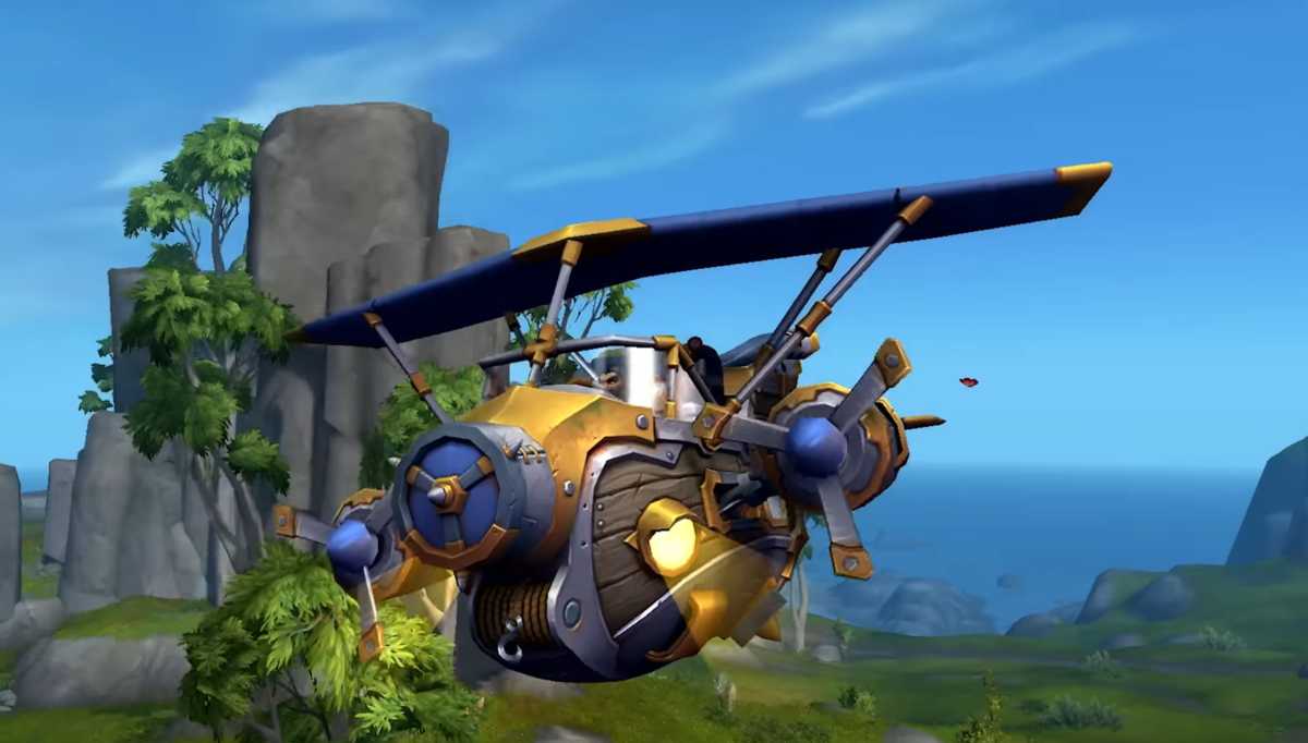 Bronzebeard's golden propeller plane, unlockable through Delves, offers a unique mount option for players.