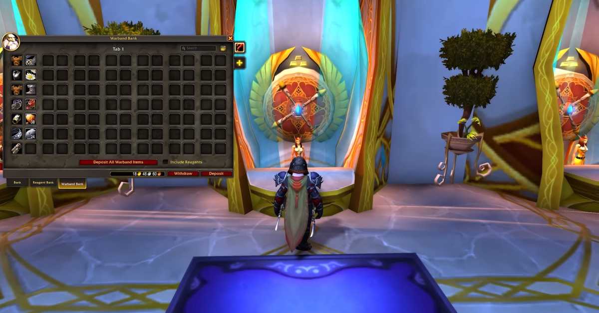 The new bank interface in World of Warcraft: The War Within, showcasing shared storage for items and transmog options.