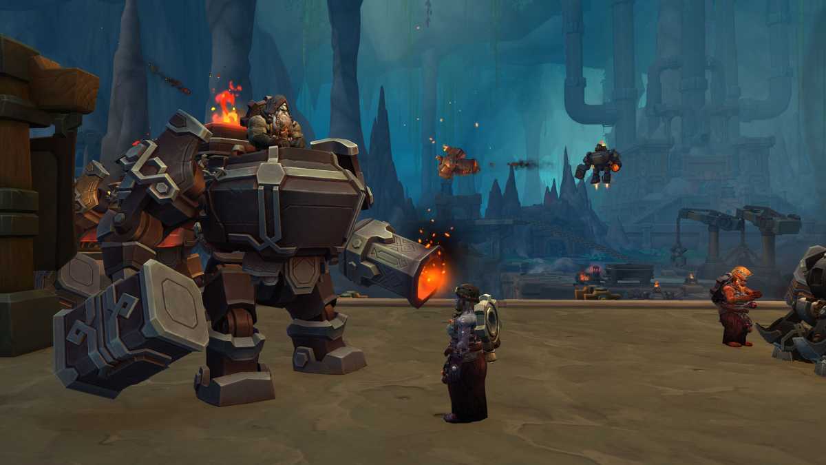 Machine dwarves using mechs to mine resources underground in World of Warcraft: The War Within.