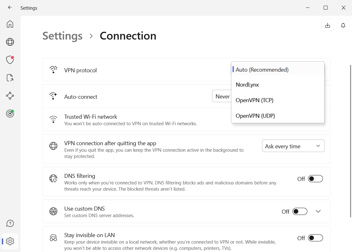 NordVPN’s protocol options.