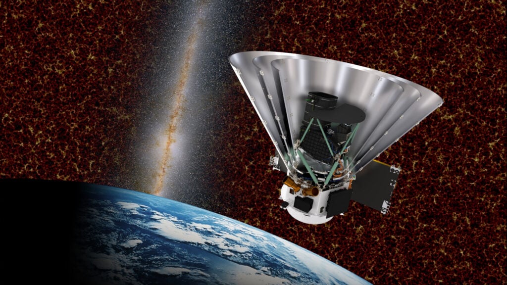 alt text: An artist's concept of the SPHEREx spacecraft in orbit against a backdrop of the universe and the Milky Way. The spacecraft is shown with its telescope pointed towards space.