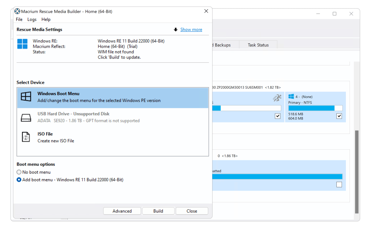 Macrium Reflect's Windows PE/RE boot media