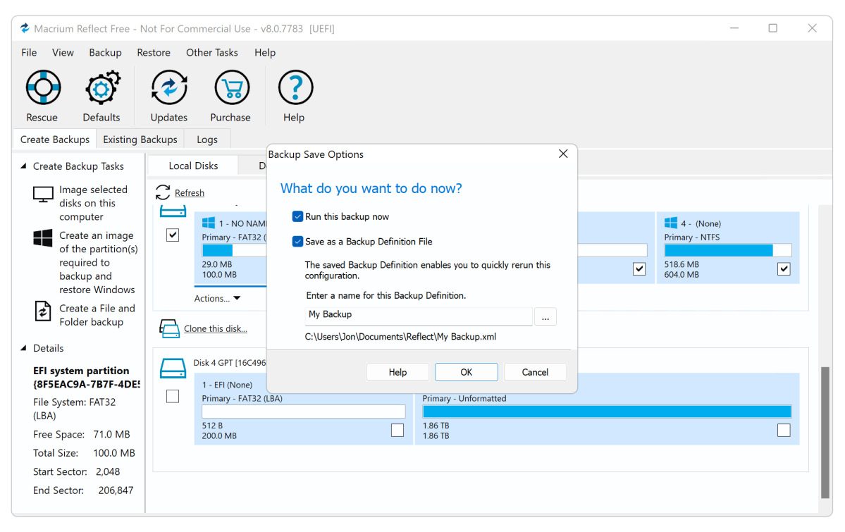 Post-backup definition options in Macrium Reflect