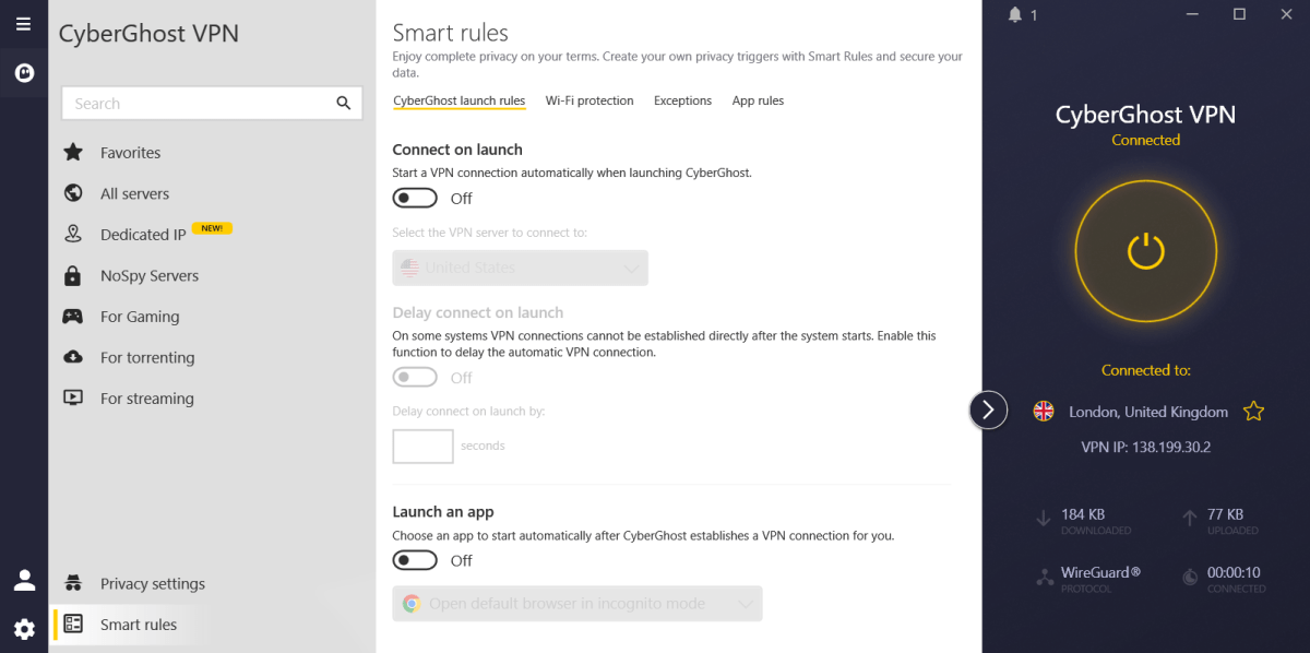 alt text: CyberGhost VPN's settings menu showing privacy and smart rules options