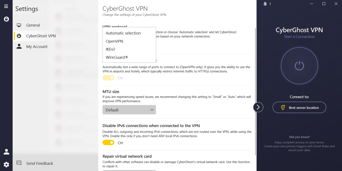 alt text: CyberGhost VPN's settings menu displaying various VPN protocols including WireGuard