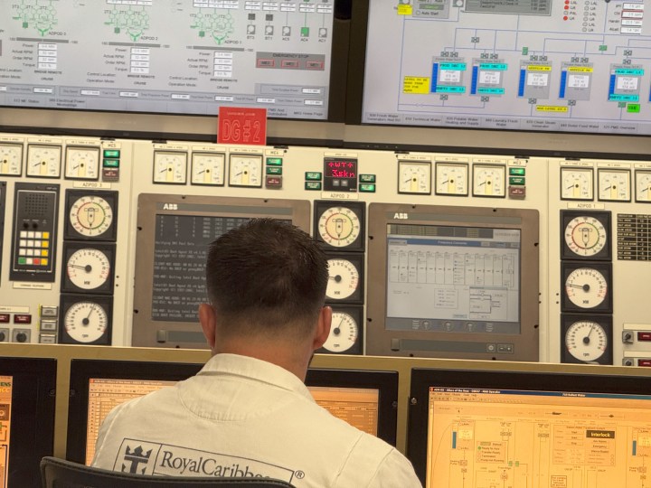 A zoom photo of the monitors in the control room aboard Royal Caribbean Allure of the Seas