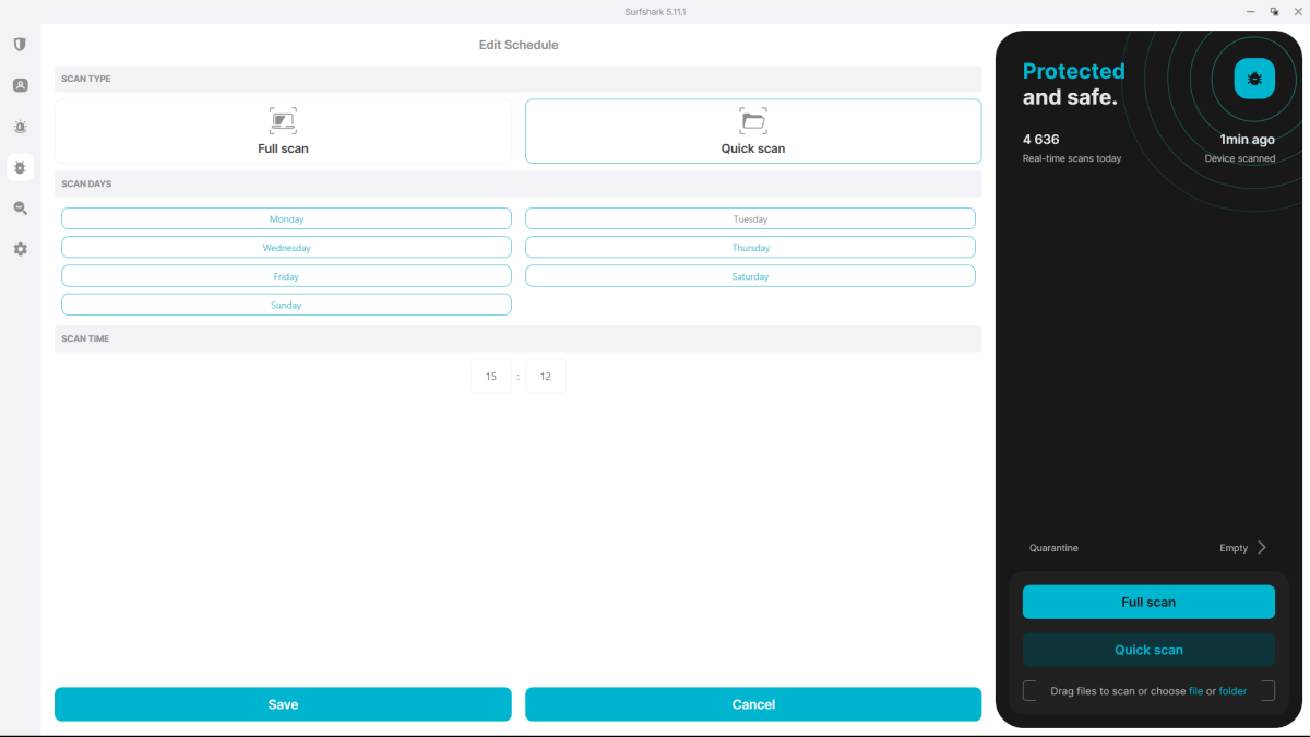 Surfshark antivirus schedule edit screen