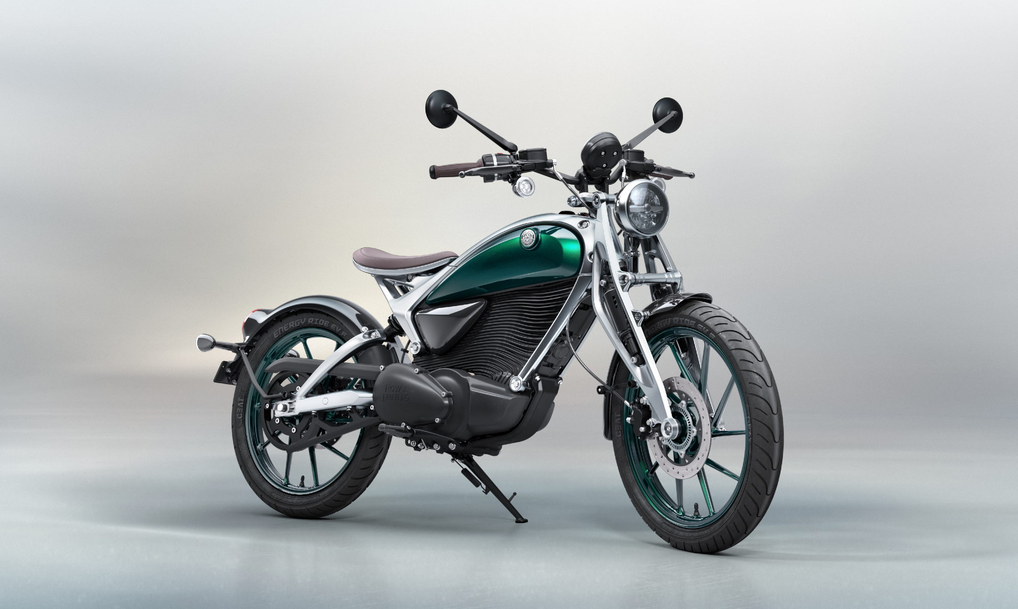 Alt: The Royal Enfield Flying Flea FFC6 electric motorcycle, front right three-quarter view, emphasizing its modern design elements.