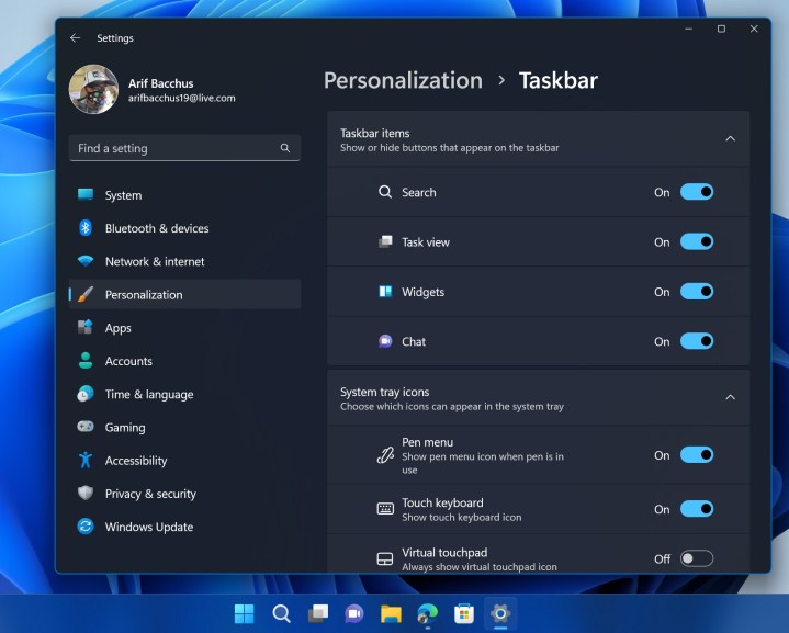 Taskbar settings in Windows 11.