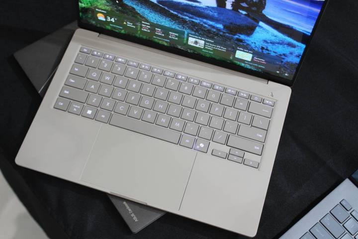 Close-up image of the Asus Zenbook A14, highlighting its design and features.