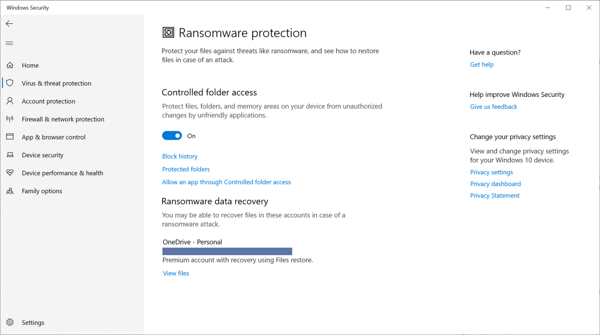 alt text: The Ransomware data recovery section of the Windows Security app