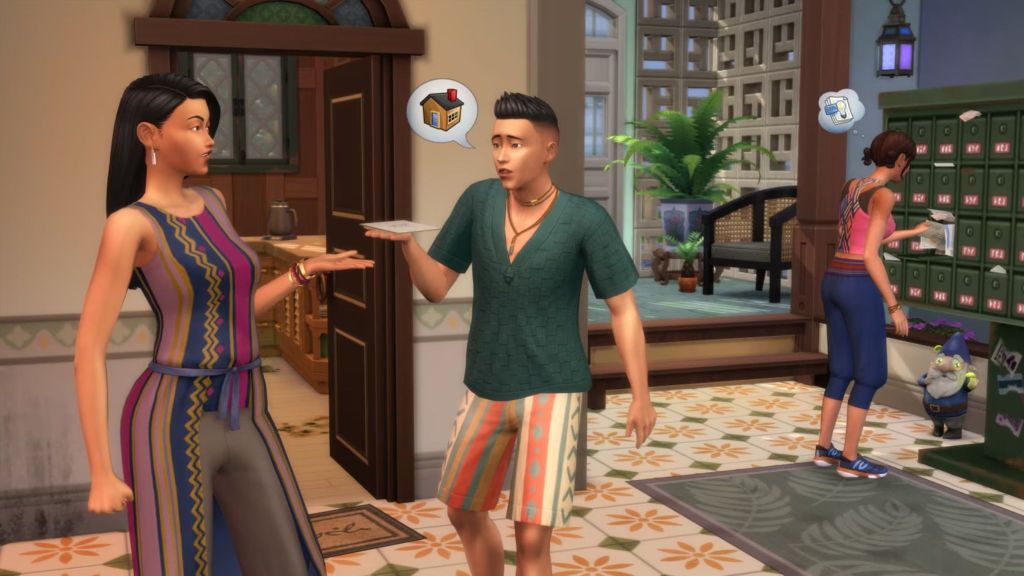 alt text: A Sim collects rent from a tenant.