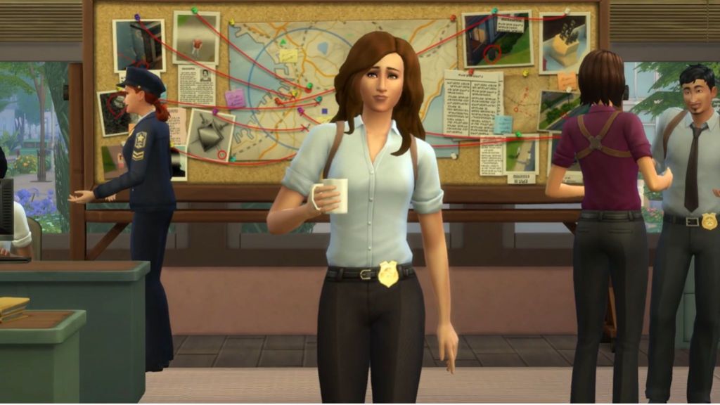 alt text: A Sim dressed as a detective examines a crime scene.