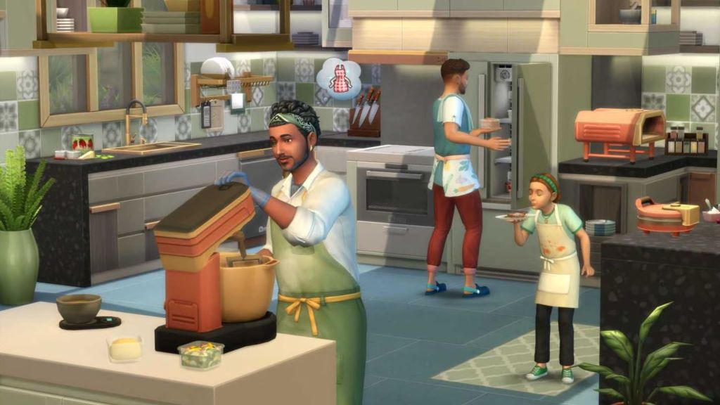 alt text: A Sim prepares a meal in a kitchen.