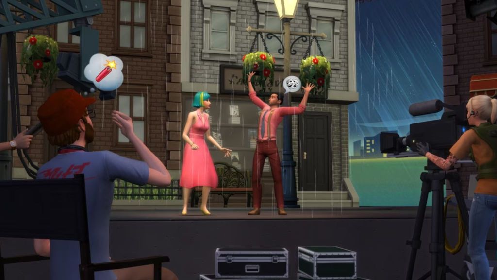 alt text: A Sim dressed in costume performs on a stage.