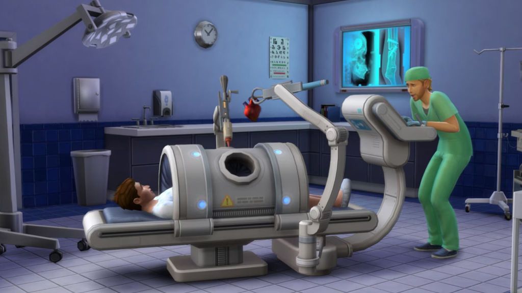 alt text: A Sim doctor examines a patient on a medical scanner.