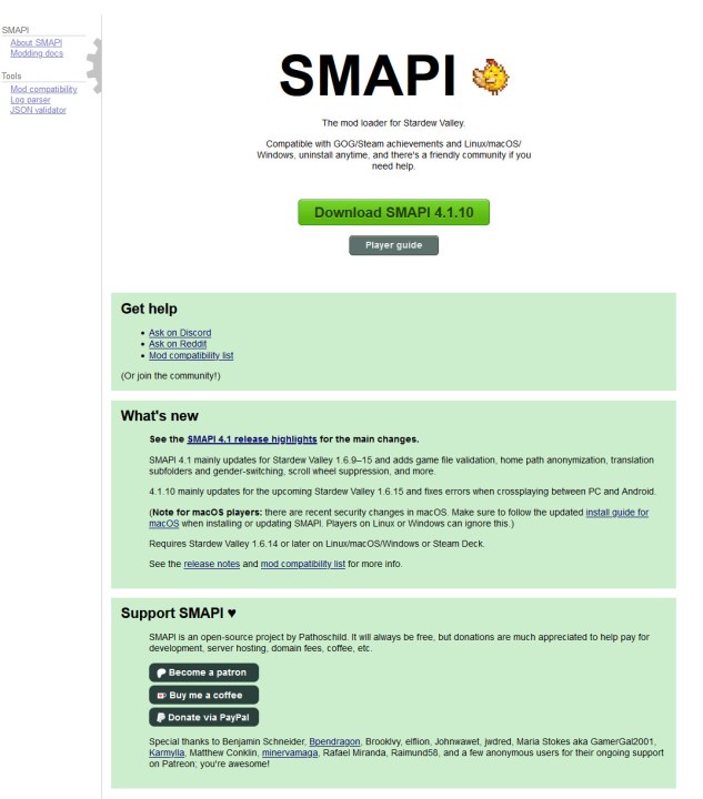 The SMAPI site for Stardew Valley.