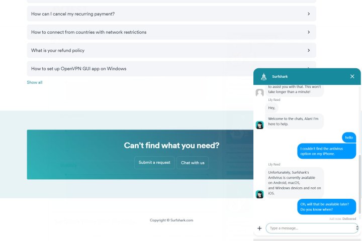 Surfshark offers live chat support all day, every day.