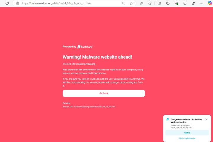 Surfshark Antivirus blocked most Wicar malware tests.