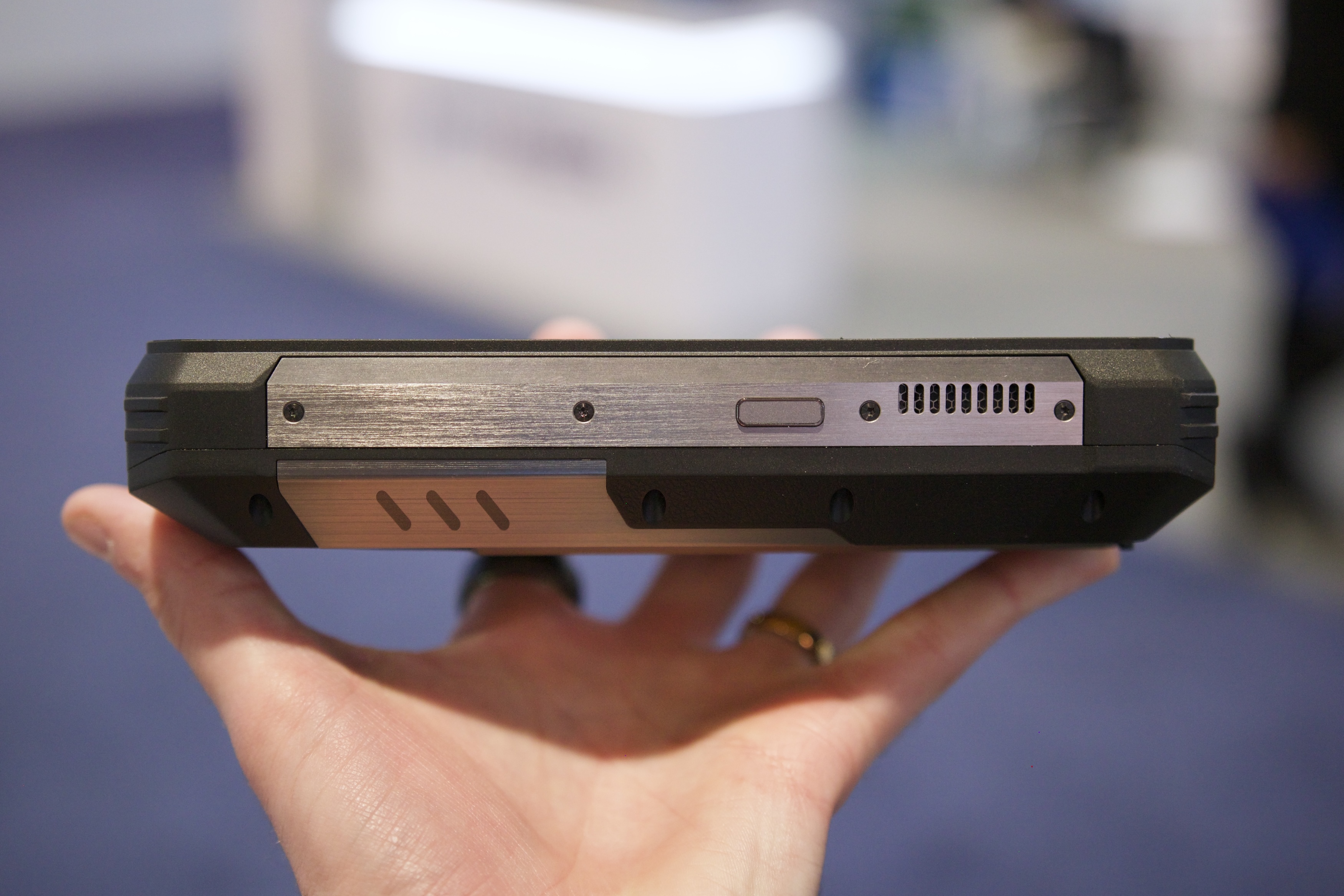 A side view of the Oukitel WP100 Titan smartphone at CES 2025.