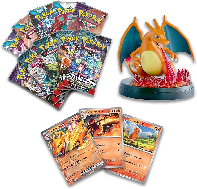 alt:  Close-up view of the Charizard ex, Charmeleon, and Charmander foil promo cards included in the Pokemon TCG Charizard ex Super Premium Collection.