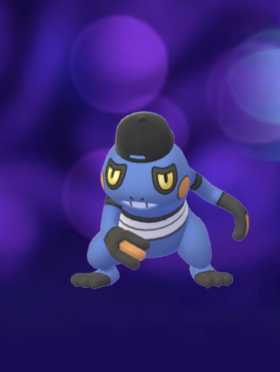 Croagunk with a backwards baseball cap in Pokémon Go