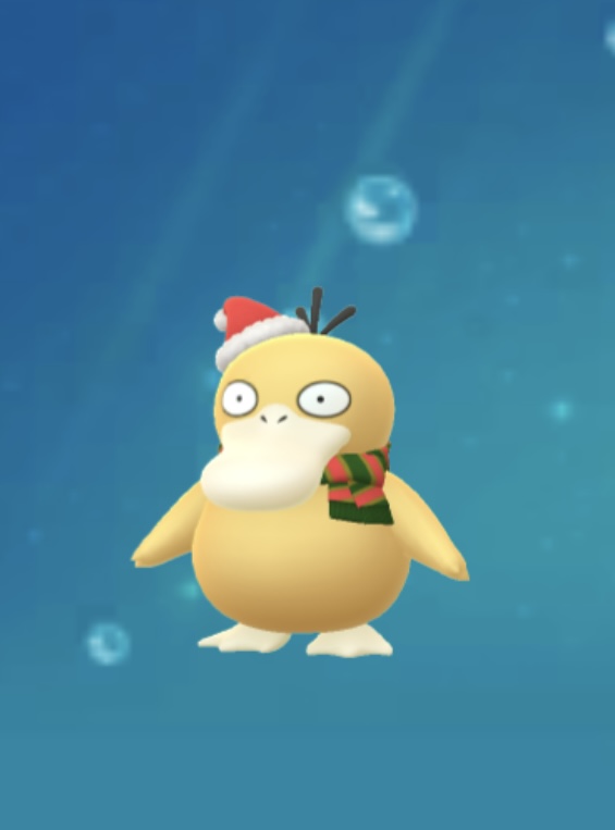 Psyduck with a Santa hat and scarf in Pokémon Go