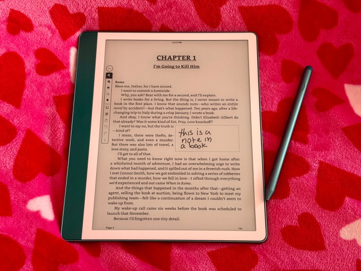 Amazon Kindle Scribe in Metallic Jade showing a text note in a book.