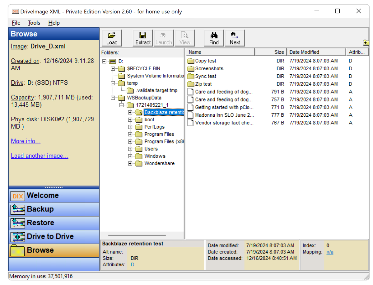 alt text: DriveImage XML's interface for browsing a previously created image of a GPT disk