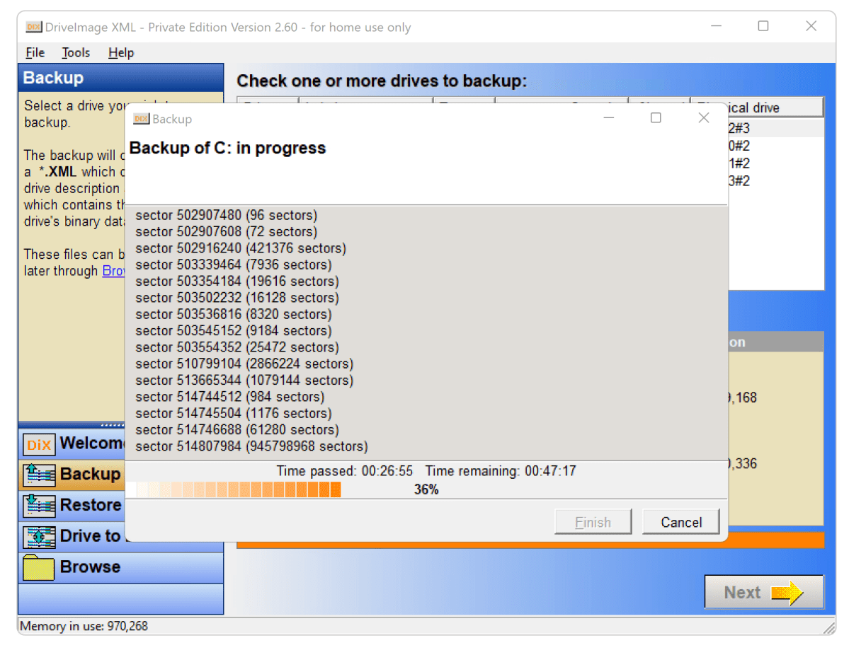 alt text: DriveImage XML successfully backing up a partition