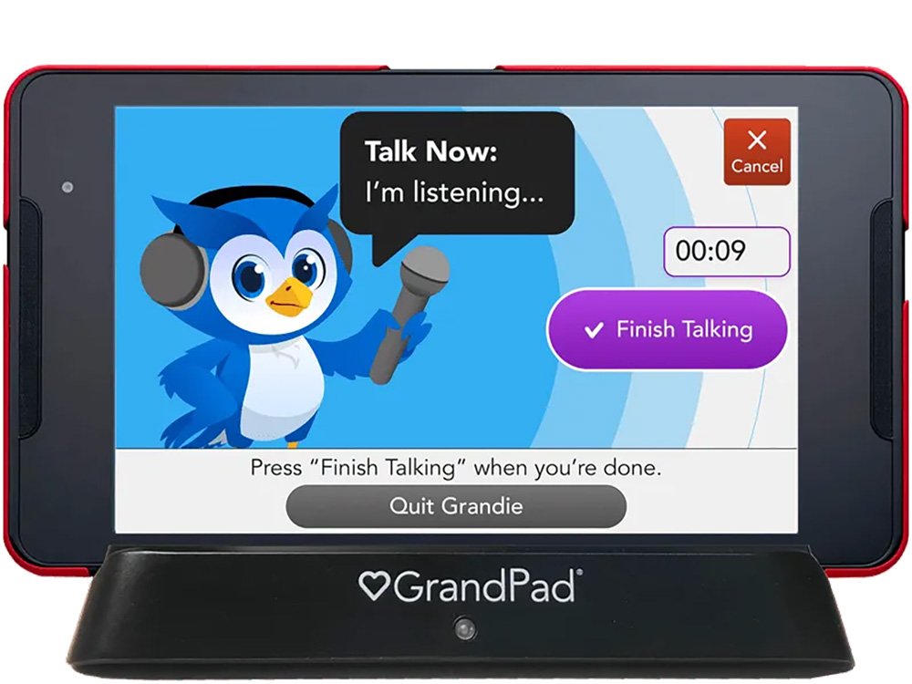 alt: A screenshot of the Grandie Chat interface on the GrandPad, showing how seniors can interact with the AI assistant through voice commands and pre-programmed prompts.