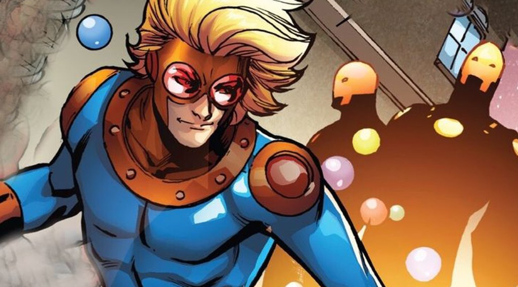 alt text: Speedball, surrounded by his kinetic energy field, bounces into action.