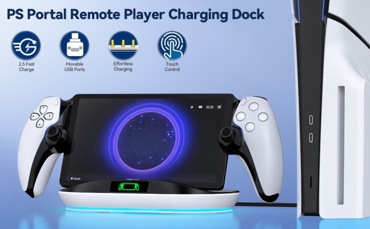 alt: LVVIL Charging Stand with a PlayStation Portal docked and charging