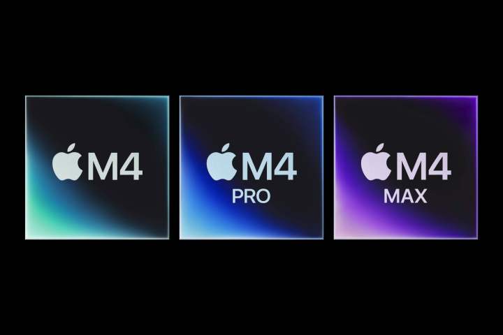 The Apple M4 series chips, including the M4, M4 Pro and M4 Max against a black background.